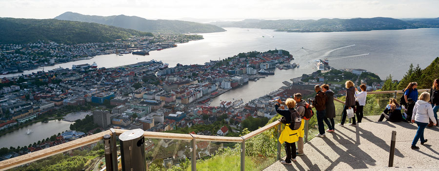 Tourists enjoying a panoramic view of Bergen